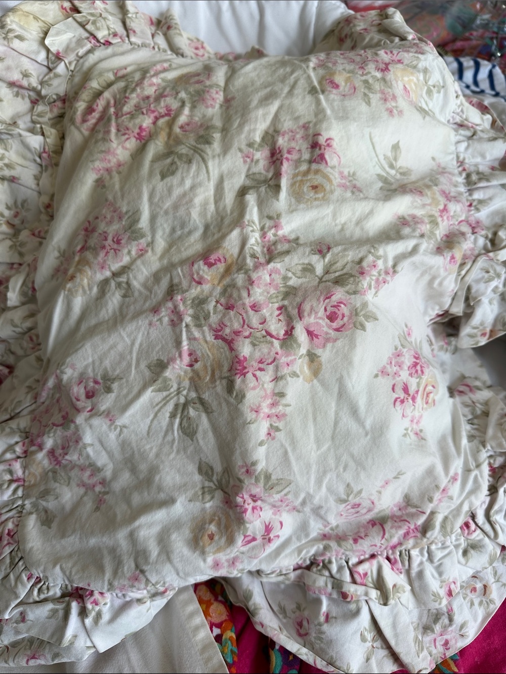 Simply Shabby Chic Cream Floral Ruffle Pillow Sham with Pink Roses